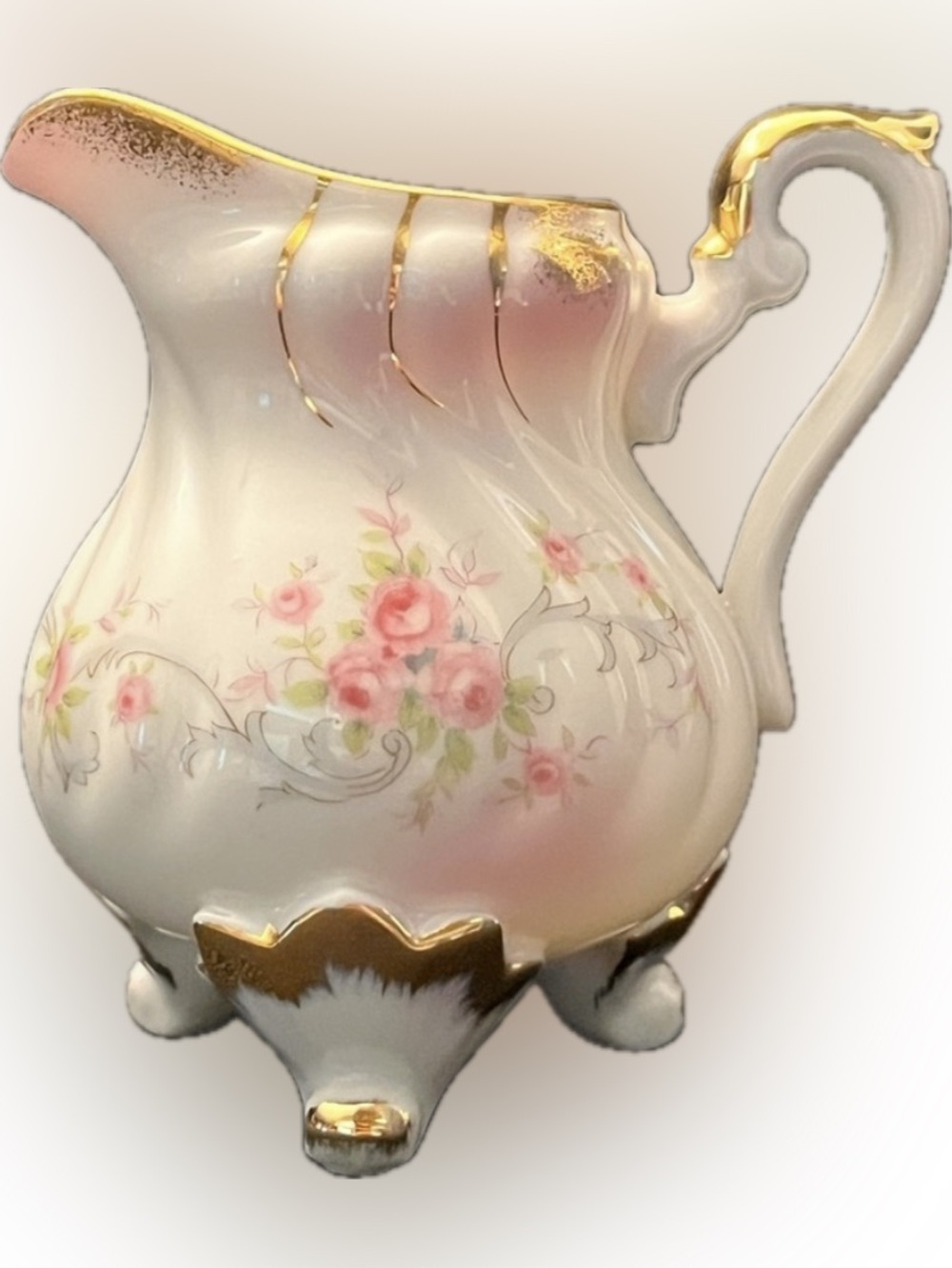 Lefton Heirloom Rose Vintage Porcelain Footed Creamer Pitcher Gold Trim KF1075R